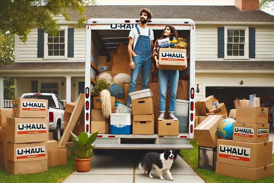 DALL·E 2024 06 17 14.12.41 A couple unloading an overpacked U Haul truck at their new home. The truck is full of boxes and furniture, with items spilling out slightly. The coupl