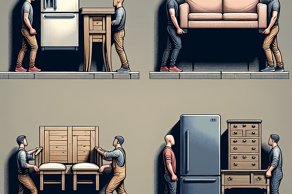 Illustration showing individuals moving various types of furniture including a refrigerator, couch, chairs, and a dresser.