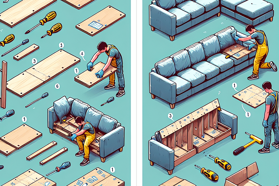 Illustration showing steps to disassemble and reassemble a sectional sofa with tools and parts.