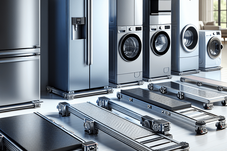 Various appliance sliders arranged on a floor with refrigerators and washing machines in the background.