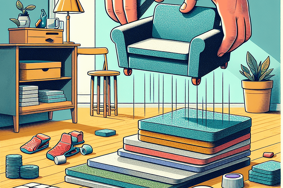 Illustration showing hands assembling a couch with various components laid out on the floor.